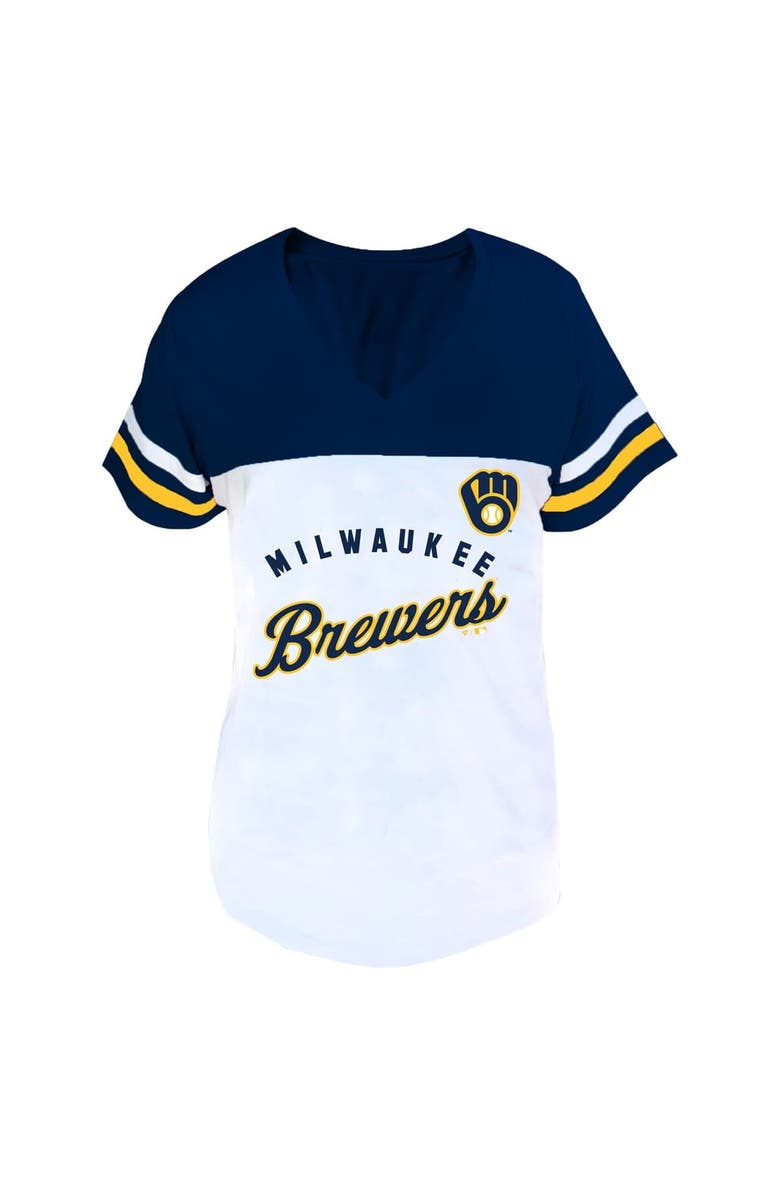 FANATICS Women's Profile White/Navy Milwaukee Brewers Plus Size Two-Stripe V-Neck T-Shirt, Alternate, color, White
