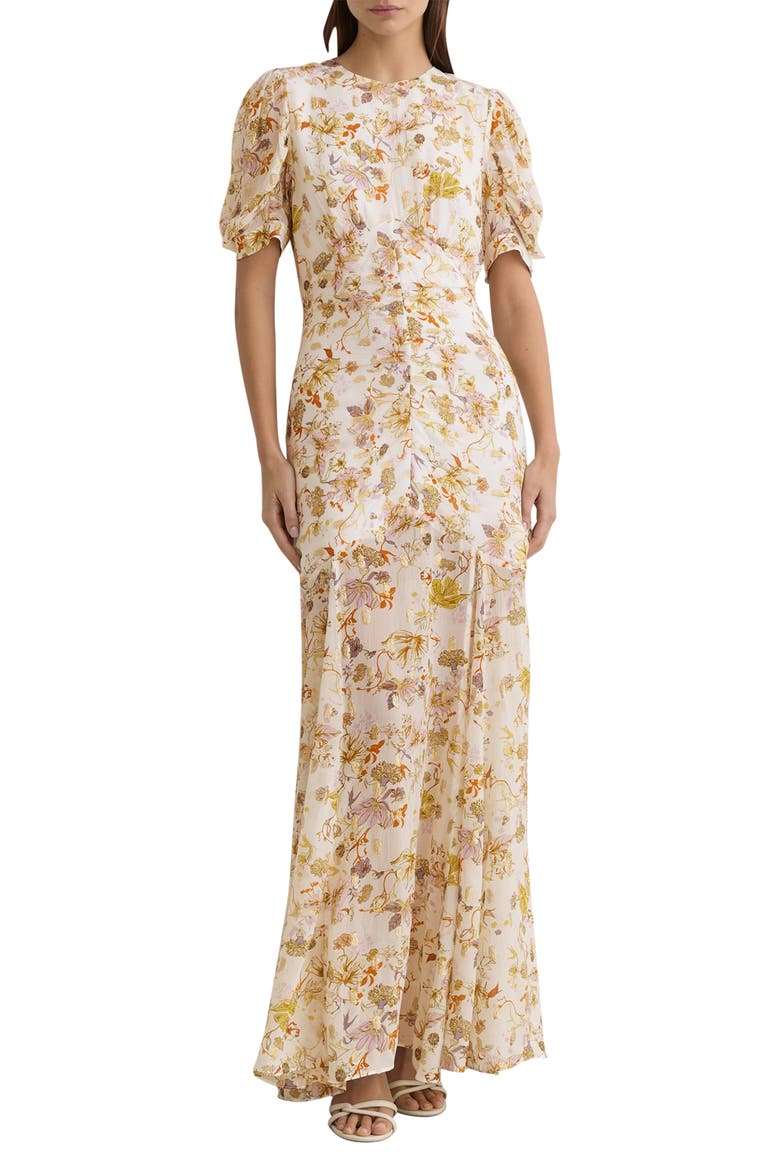 Naia Metallic Floral Print Back Cutout Maxi Dress, Main, color, IVORY