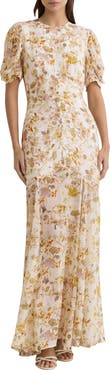Reiss Naia Metallic Floral Print Back Cutout Maxi Dress