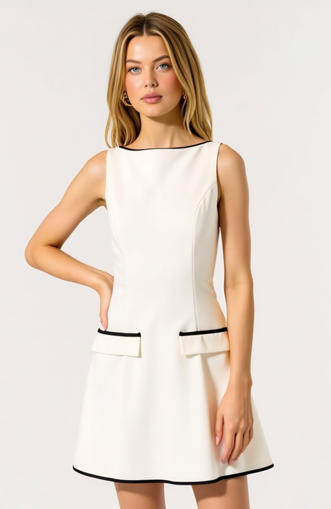 Sleeveless Contrast Trim Mini Dress with Faux Pocket Flaps