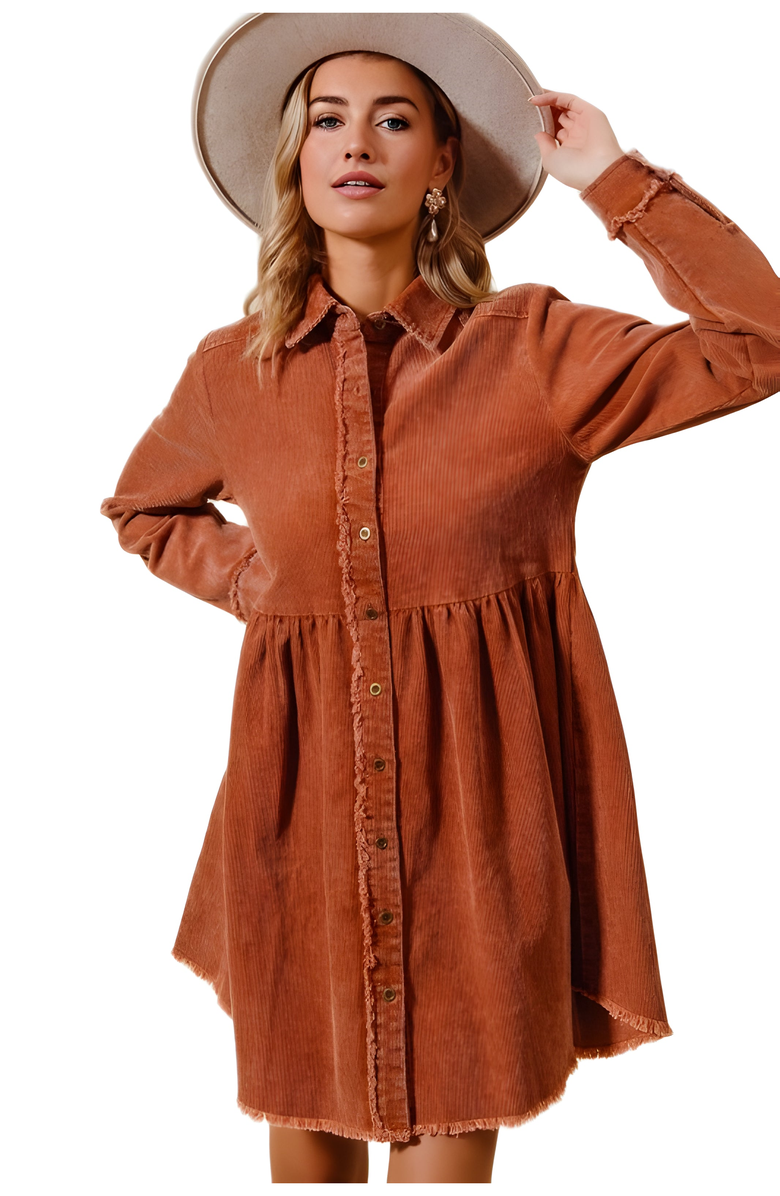 Knit and Lounge Corduroy Shirt Dress with Frayed Trim and Button Front Detail, Alternate, color, 