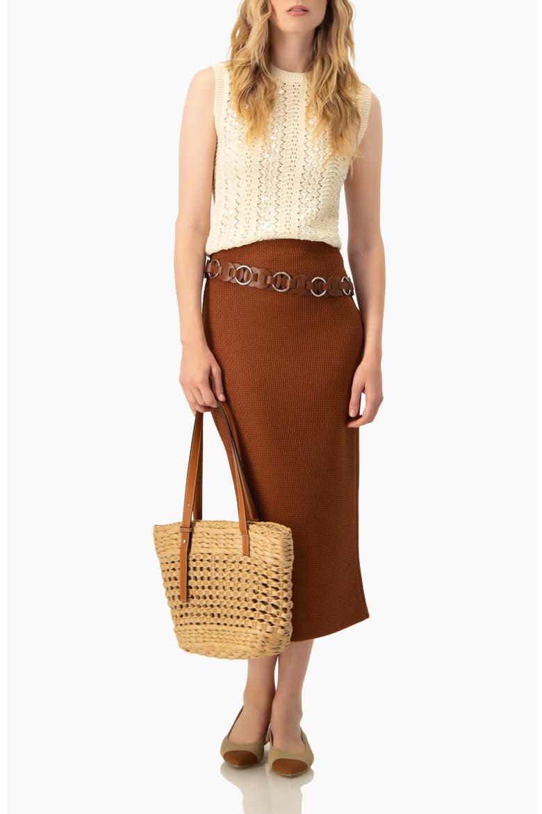 Textured Knit Midi Skirt with Back Slit, Alternate, color, Brown