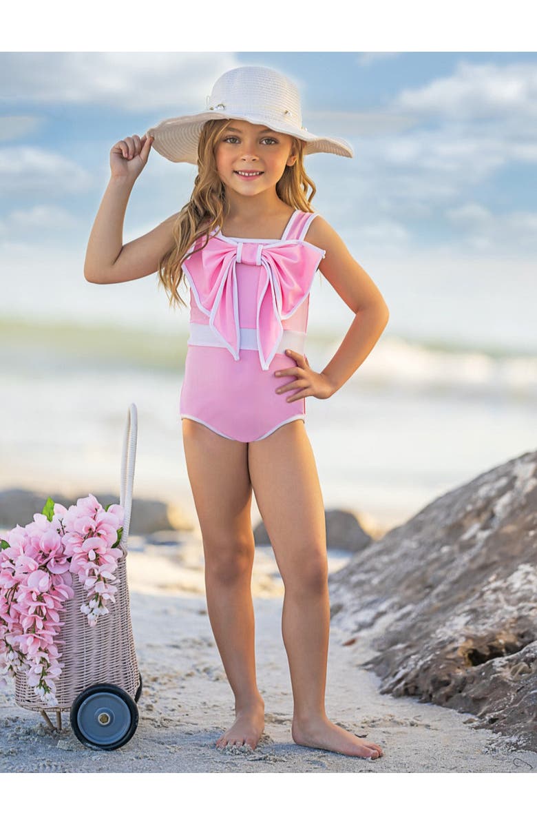 Mia Belle Girls Blushing Summer Statement Bow Pink One Piece Swimsuit, Alternate, color, Pink