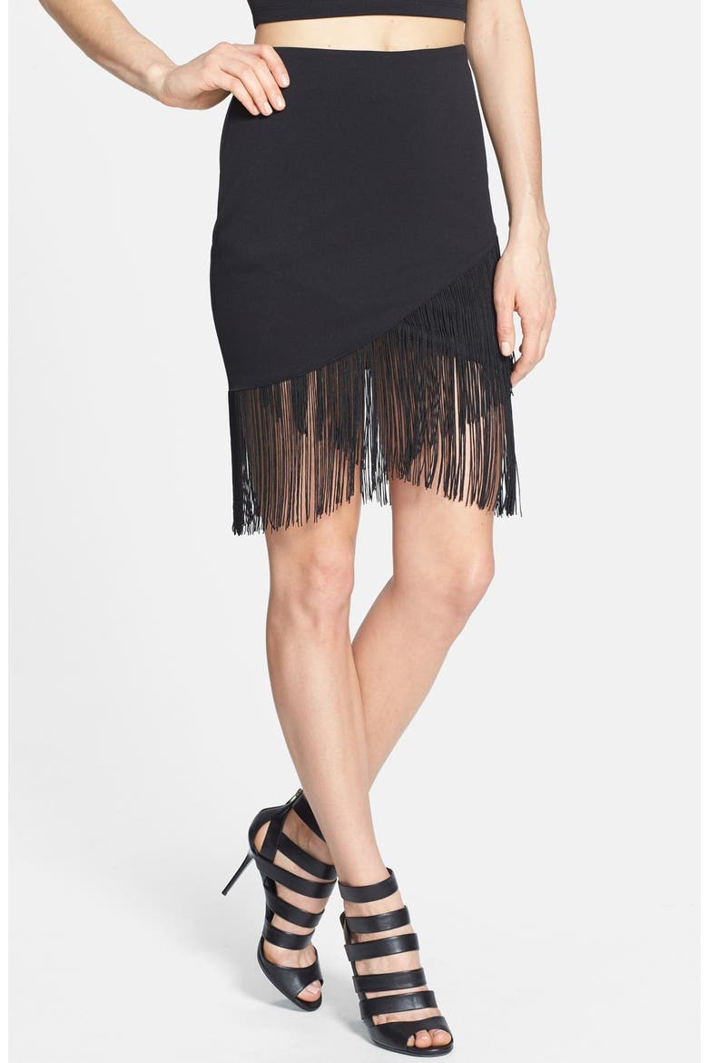 ASTR Fringed Faux Wrap Skirt, Main, color, BLACK