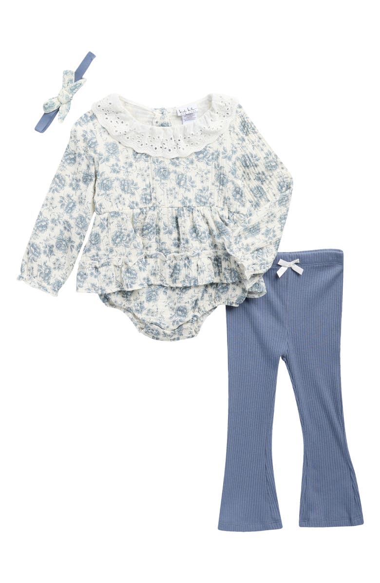 Nicole Miller Bubble Bodysuit, Rib Flare Leggings & Headband Set, Main, color,