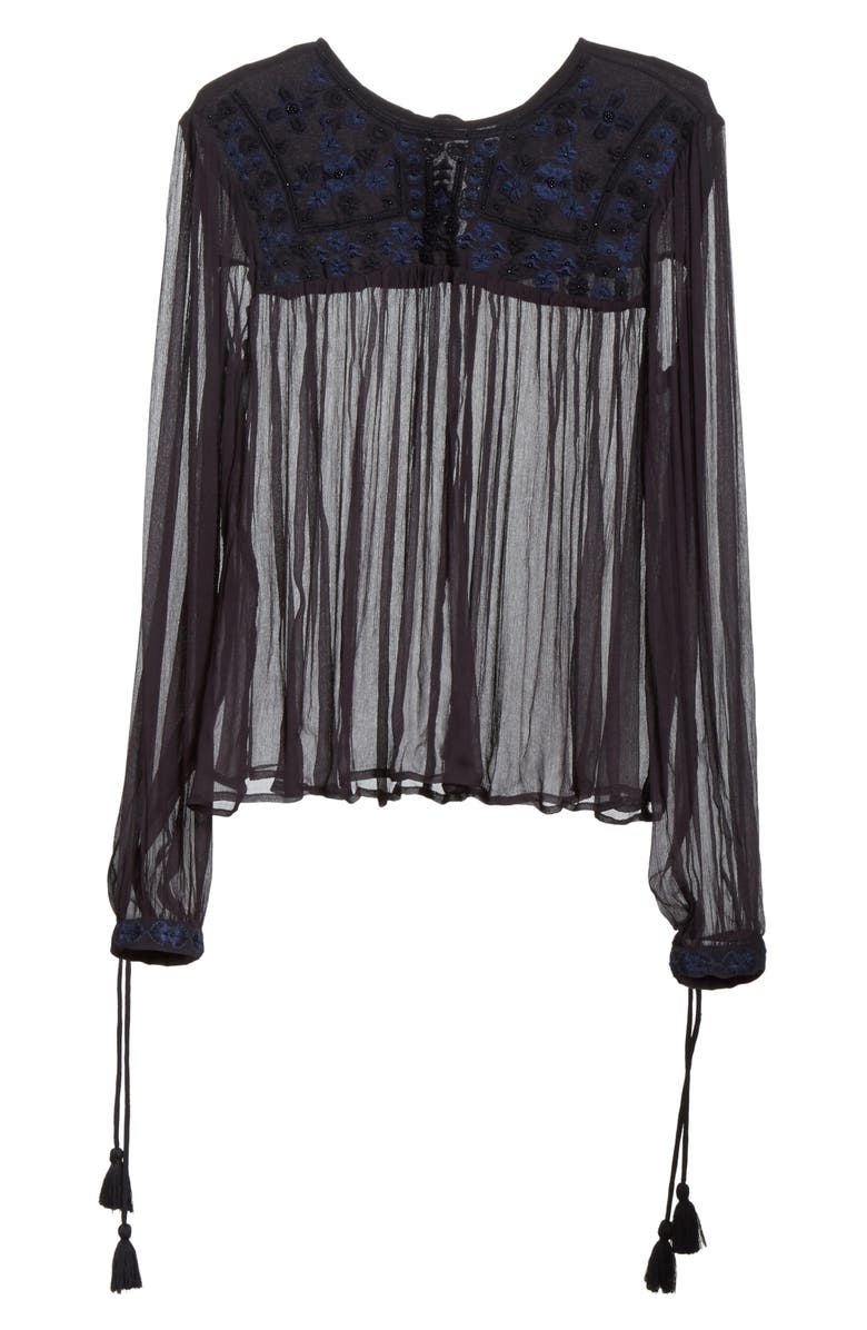Free People Retro Sheer Blouse, Alternate, color, Black