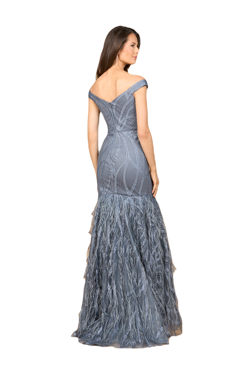 LARA New York Off Shoulder Mermaid Beaded Gown with Feathers, Alternate, color, Slate