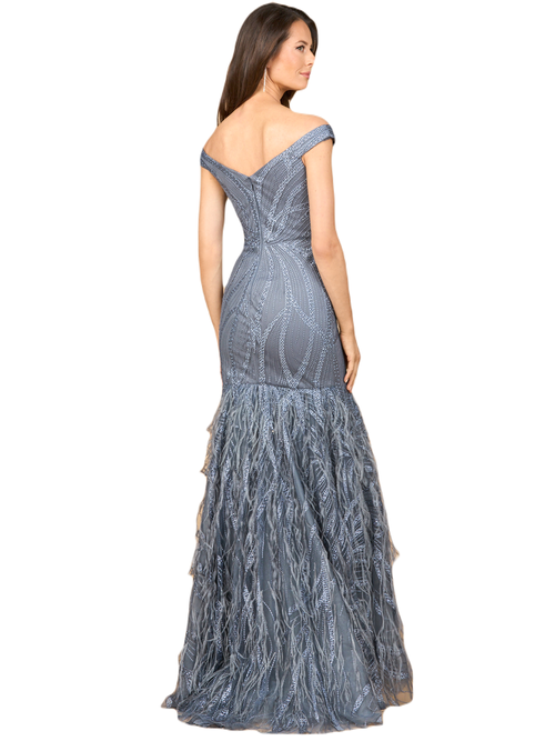 Lara New York Off Shoulder Mermaid Beaded Gown With Feathers In Slate
