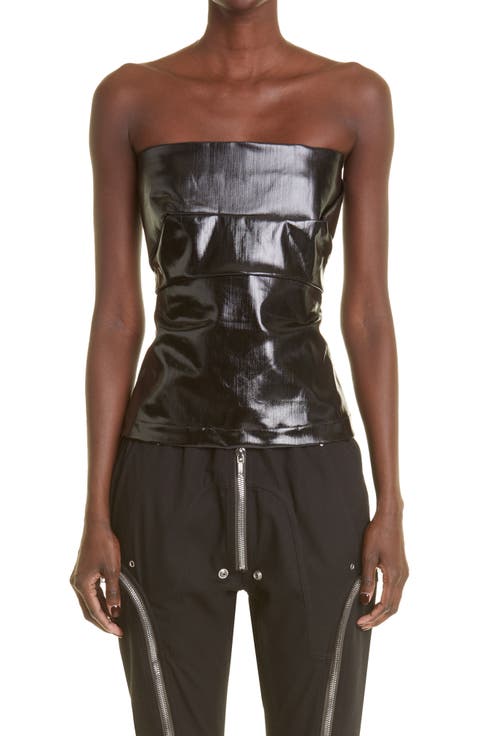 Lacquered Stretch Denim Strapless Bustier Top