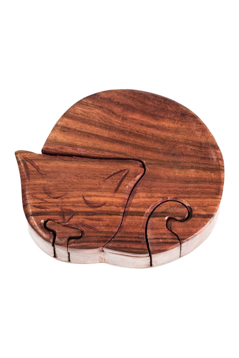 Sleeping Cat Keepsake Puzzle Box - Indian Rosewood, Main, color, Brown