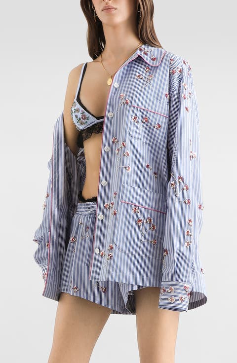 Sequin Embellished Stripe Cotton & Silk Poplin Shirt
