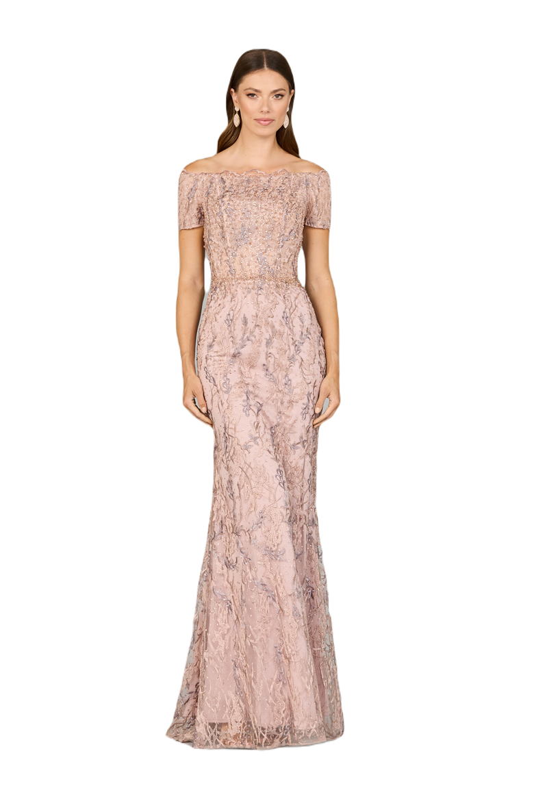 Off Shoulder Mermaid Gown with Short Sleeves, Main, color, Blush