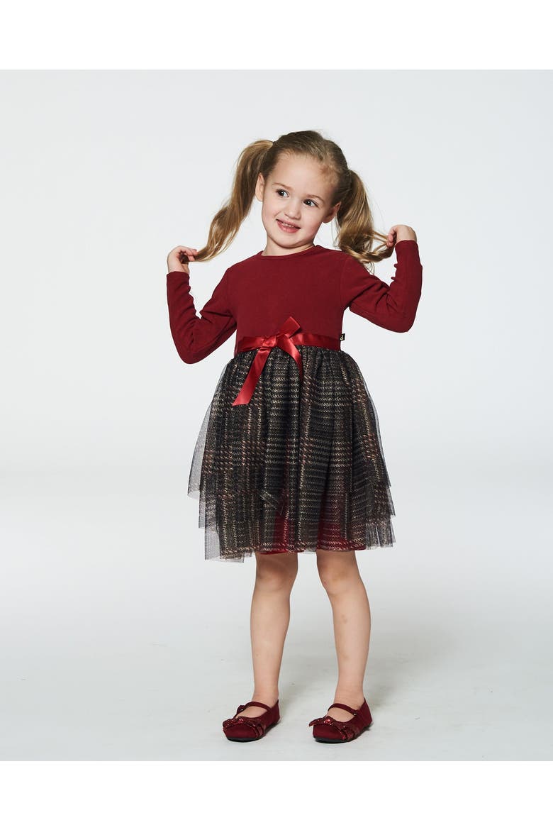 Baby Girl's Bi-Material Dress With Glittering Tulle Skirt Red Plaid, Alternate, color, Jester Red
