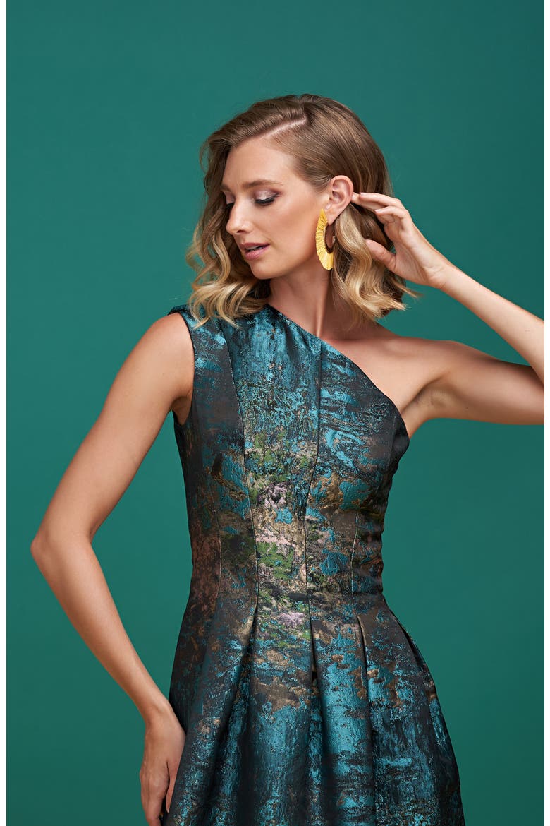 Cara Metallic Jacquard One-Shoulder Gown, Alternate, color, TEAL MULTI
