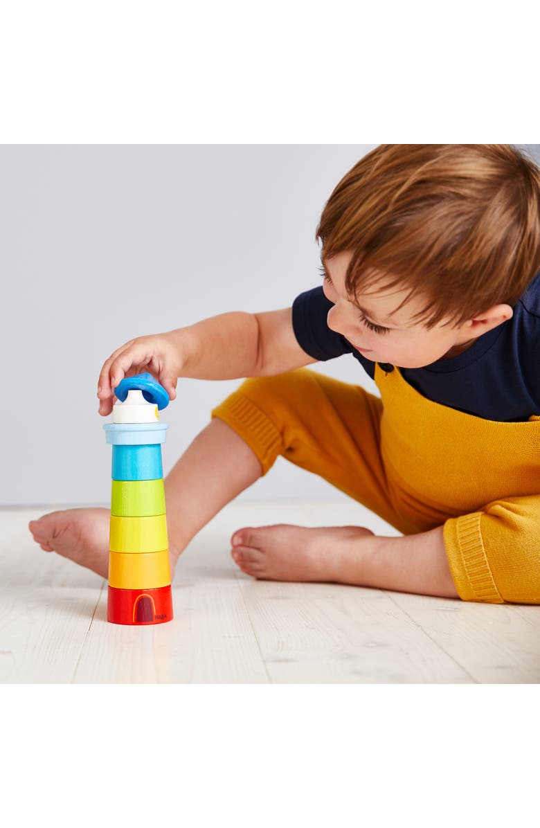 HABA Wooden Stacking Toy Rainbow Lighthouse, 8-Piece Building Blocks Set, Educational Wooden Toddler Toys for Motor Skills, Ages 1 and up, Alternate, color, Multi