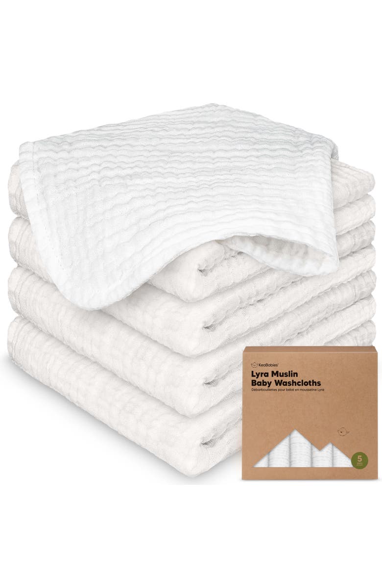 KeaBabies 5-Pack Lyra Muslin Baby Washcloths, Main, color, Soft White