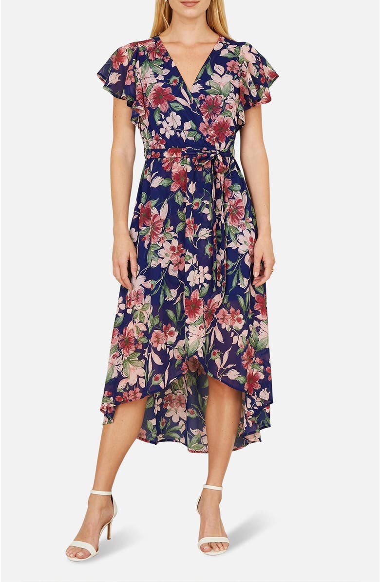 Yumi Floral Wrap Midi Dress With Frill Hem, Alternate, color, Blue