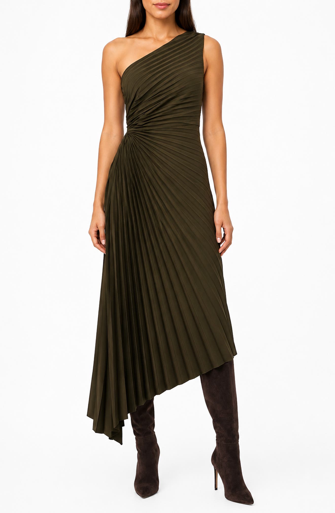 Satin Pleat One Shoulder Midi Dress