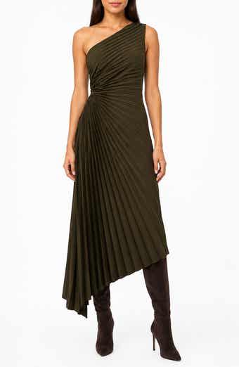 Satin Pleat One Shoulder Midi Dress