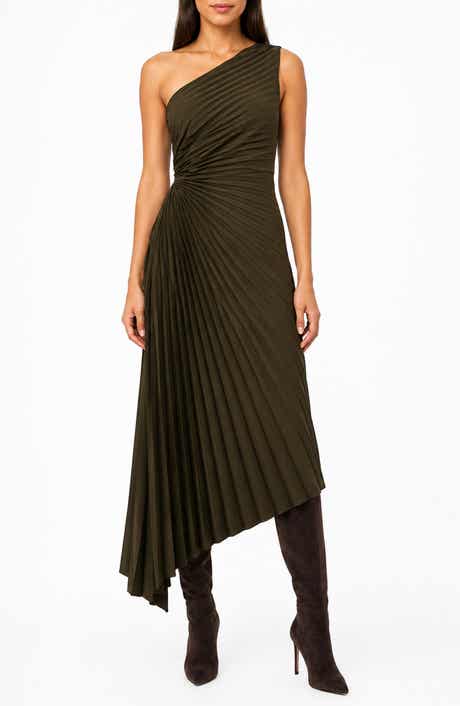 Satin Pleat One Shoulder Midi Dress