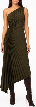 Nicole Miller Satin Pleat One Shoulder Midi Dress