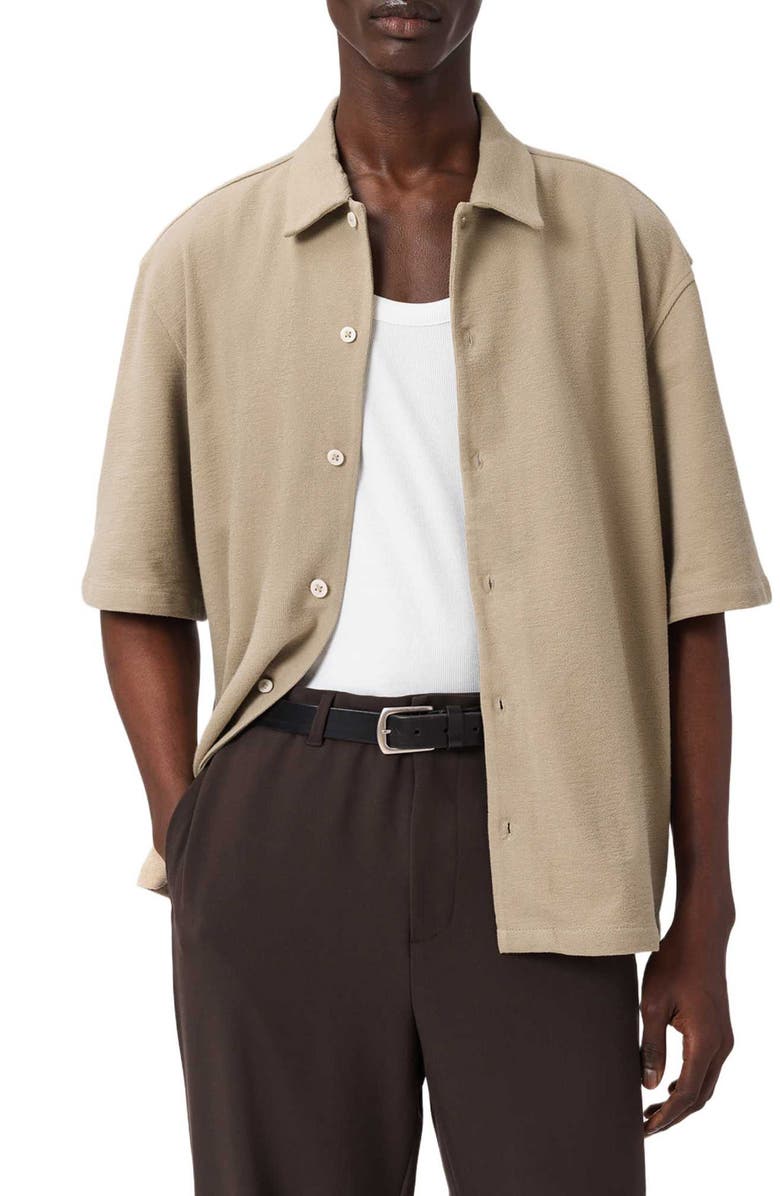 AllSaints Stallion Oversize Short Sleeve Cotton Button-Up Shirt, Alternate, color, Dune Brown
