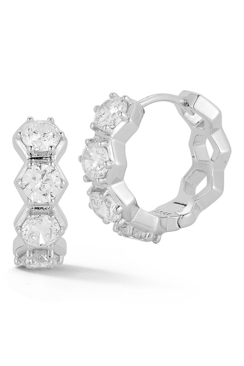 Cubic Zirconia Hexagon Huggie Hoop Earrings, Main, color, SILVER