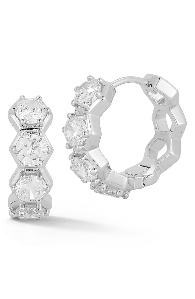 GLAZE JEWELRY Cubic Zirconia Hexagon Huggie Hoop Earrings, Main, color, Silver