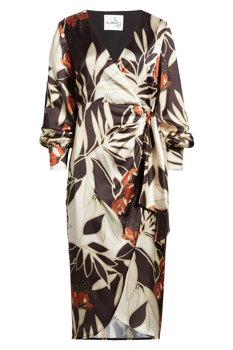 Protea Long Sleeve Satin Wrap Dress, Alternate, color, BLACK MULTI