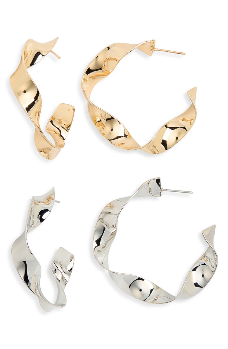 Tasha 2-Pack Twisted 'C' Hoop Earrings, Main, color, Gold/ Silver