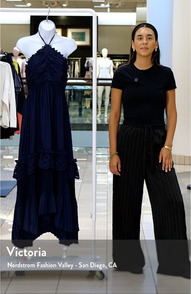 Dulce Eyelet Ruffle Plissé Halter Maxi Dress, sales video thumbnail