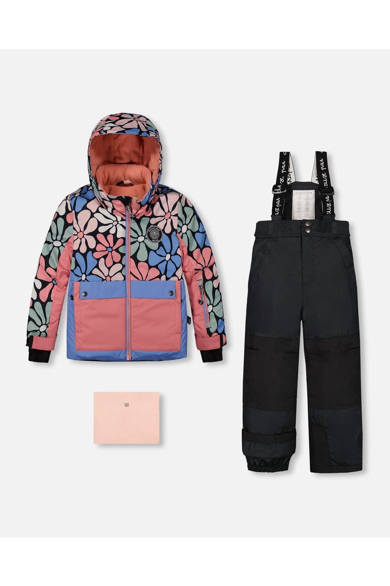 Little Girl's Two Piece Snowsuit Printed Retro Flowers With Black, Main, color, Anthracite
