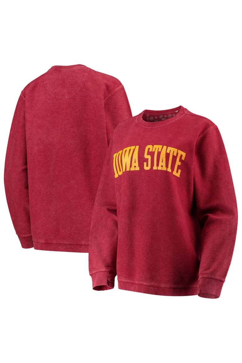 Women's Pressbox Cardinal Iowa State Cyclones Comfy Cord Vintage Wash Basic Arch Pullover Sweatshirt, Main, color, Cardinal
