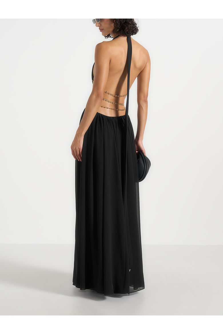 June Chain Belt Cut-Out Georgette Halter Maxi Dress, Alternate, color, Black