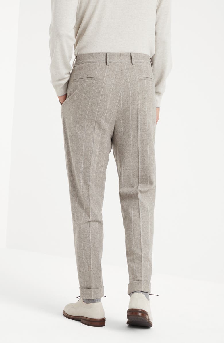 Brunello Cucinelli Wool and cashmere wide chalk stripe combed flannel leisure fit trousers with pleat, Alternate, color, 