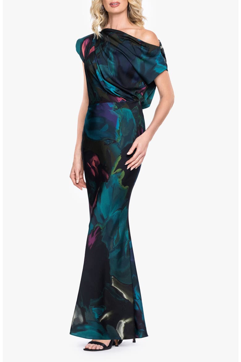 Floral Print Satin Gown, Alternate, color, TEAL/ MULTI