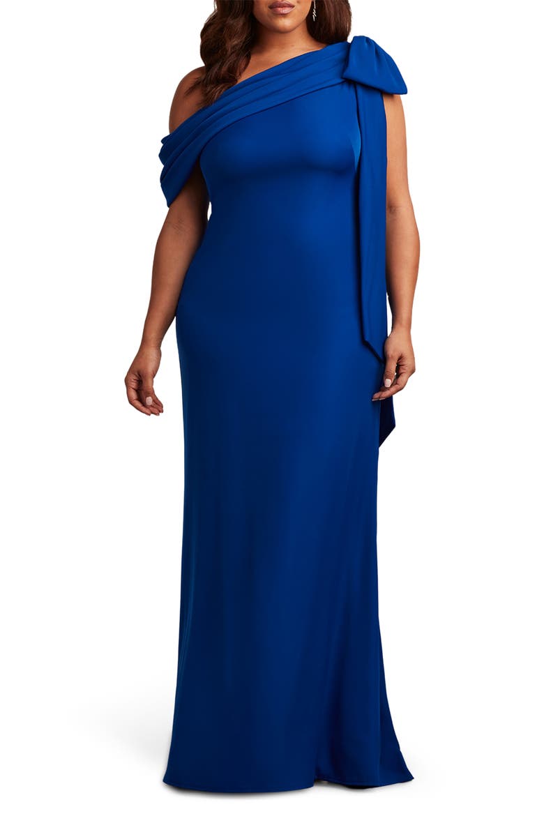 One-Shoulder Bow Detail Crepe Gown, Main, color, ROYAL BLUE