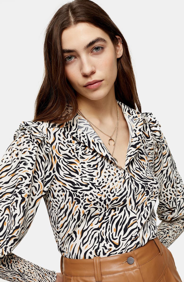 Topshop Frill Shoulder Animal Print Shirred Top, Alternate, color, 
