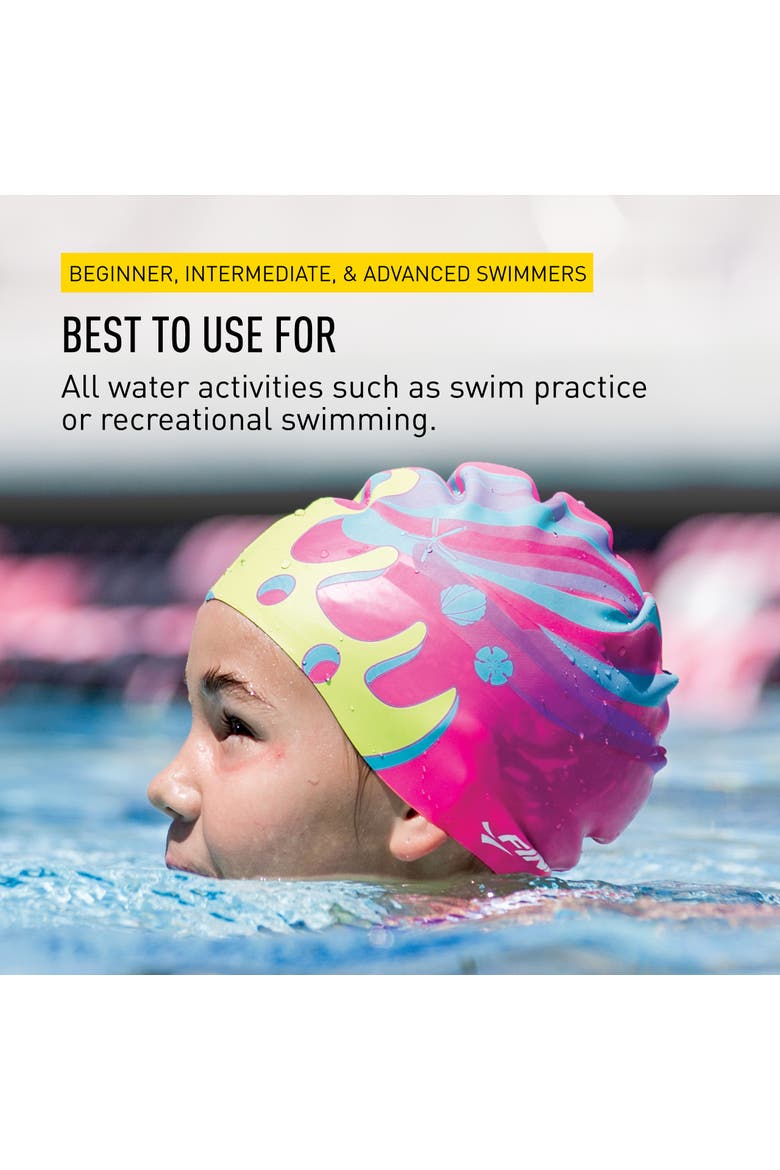 Mermaid Kids Swim Cap 100% Silicone Fun Prints Universal Fit Chlorine Protection, Alternate, color, Pink