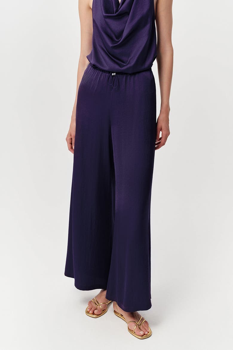 Queen Drawstring Waist Wide Leg Satin Pants, Alternate, color, Navy