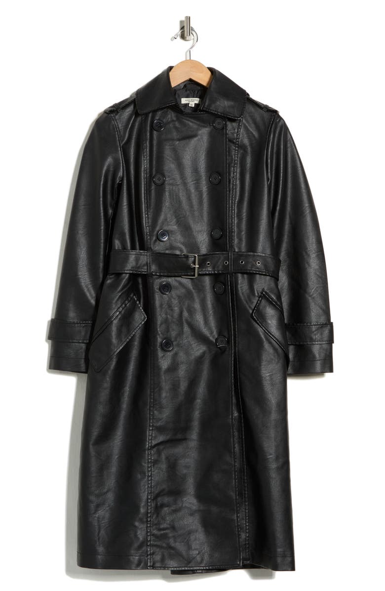 MAX STUDIO Faux Leather Long Trench Coat, Main, color, Black-Black