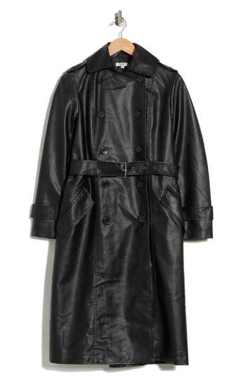 Max Studio Faux Leather Long Trench Coat In Black