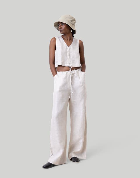 Women's Textured Linen Cropped Vest Top - Off-White Check - Large