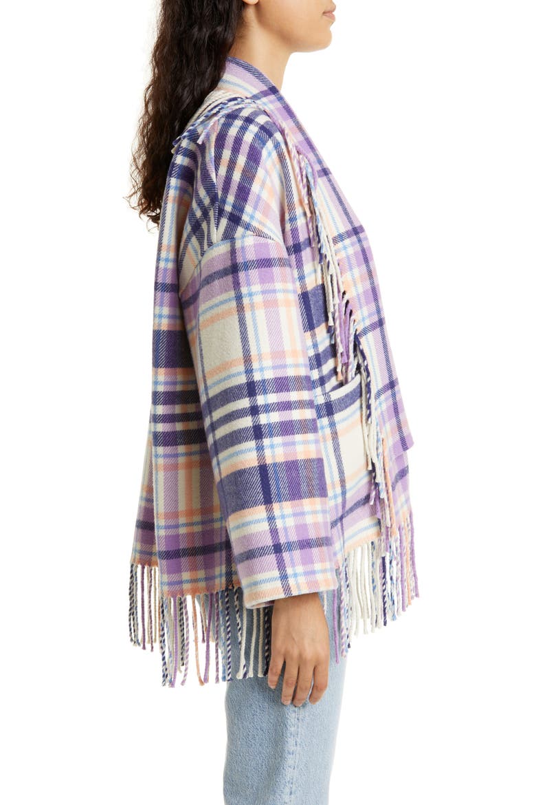 Austyn Plaid Fringed Open Front Jacket, Alternate, color, INDIGO