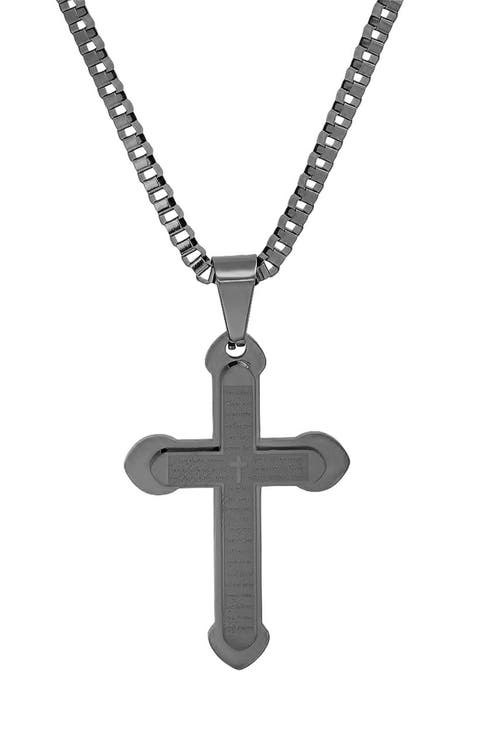 Men's Black Stainless Steel Lord's Prayer Cross Pendant Necklace