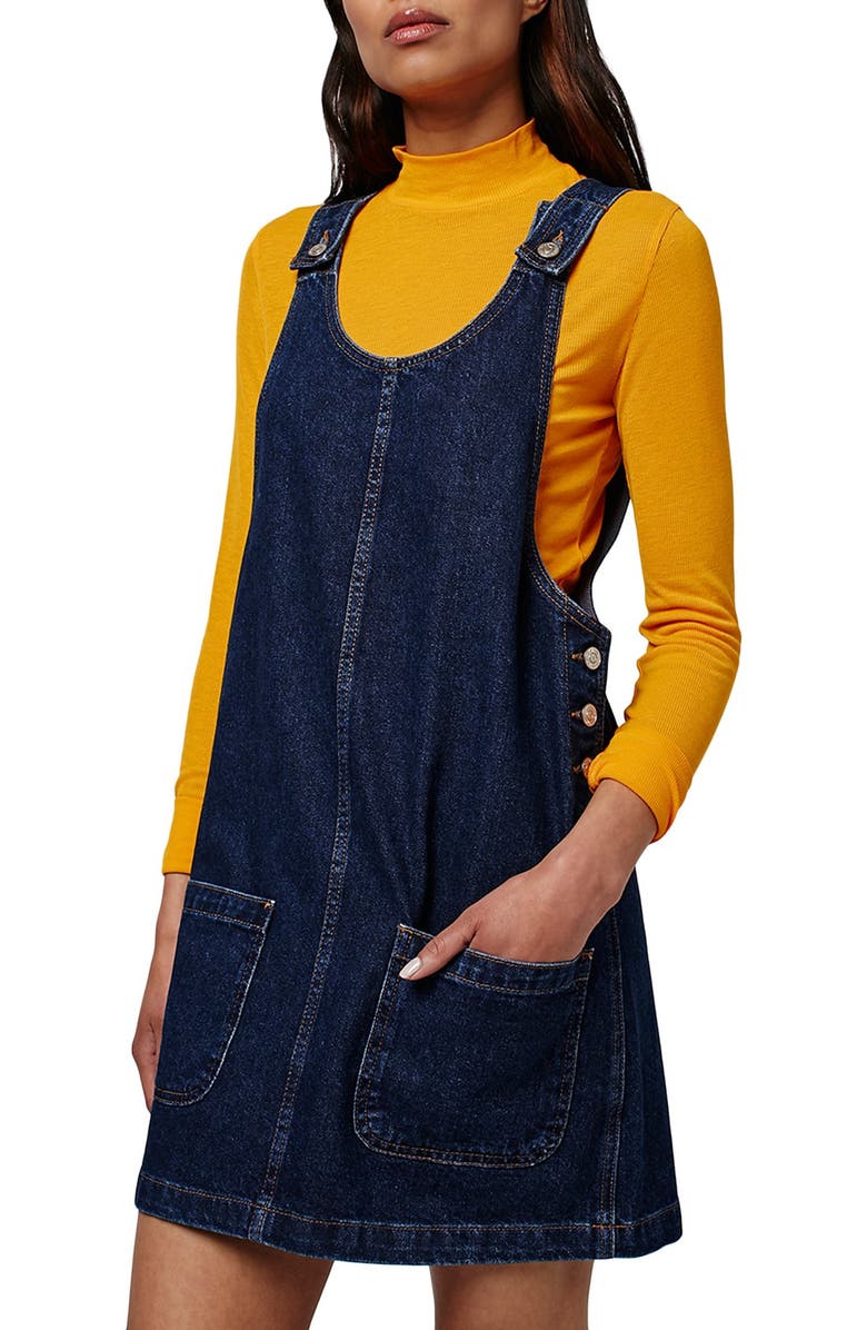 Topshop Patch Pocket Denim Pinafore Dress, Alternate, color,