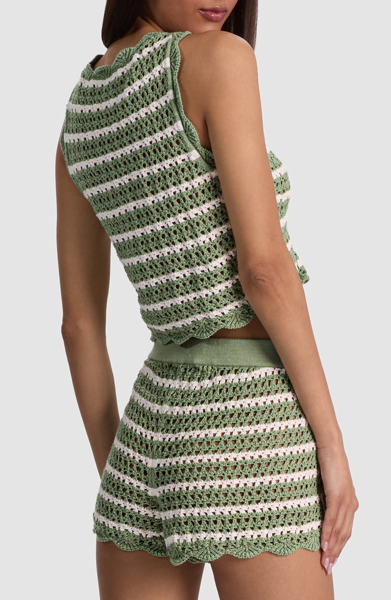 Alice + Olivia Ciara Crop Stripe Pointelle Knit Top, Alternate, color, Sage/ Soft White
