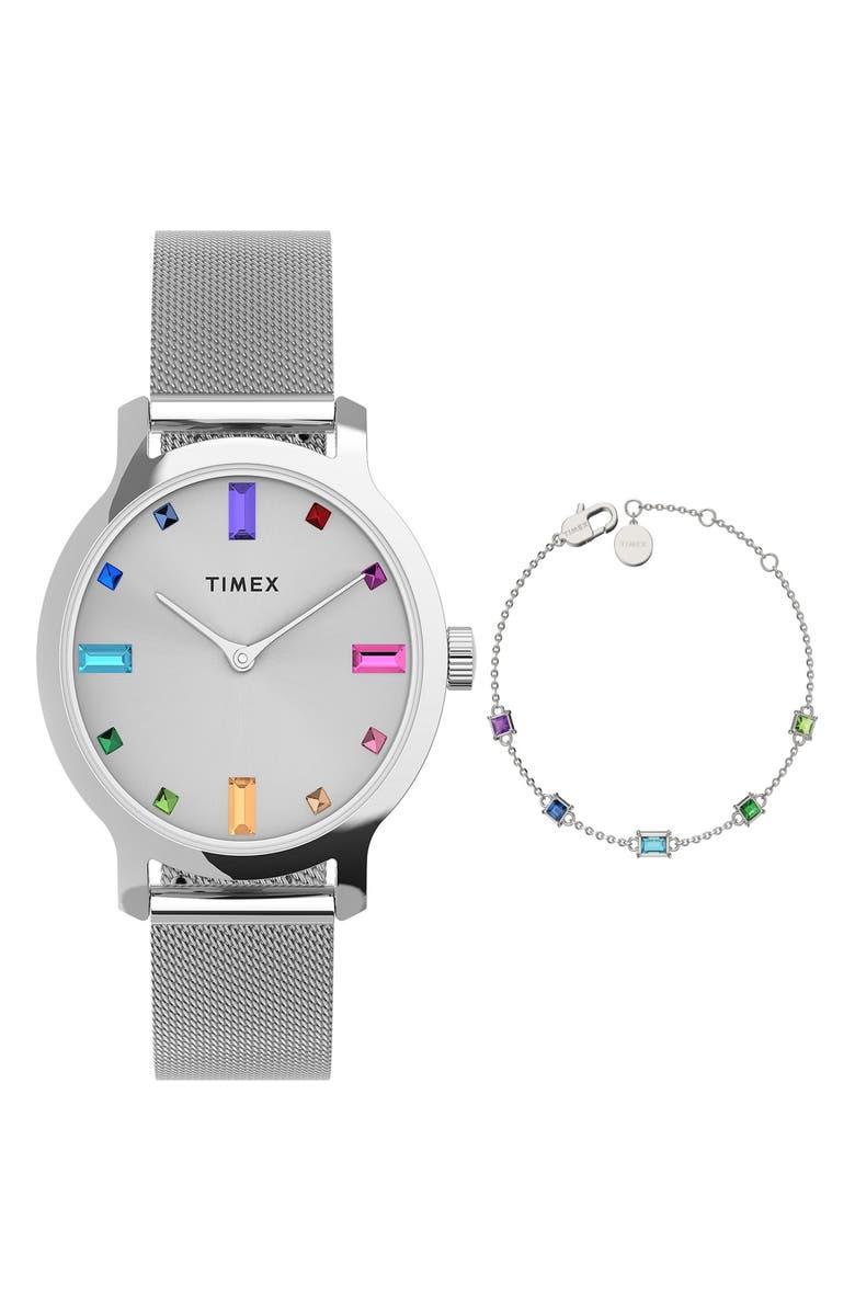 Timex<sup>®</sup> Transcend<sup>™</sup> Mesh Strap Watch & Bracelet Gift Set, 31mm, Main, color, Silver-Tone