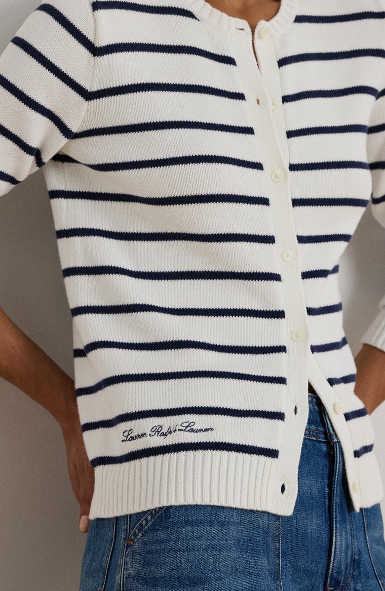 Lauren Ralph Lauren Ralhan Stripe Combed Cotton Cardigan, Alternate, color, White/ Refined Navy