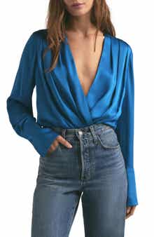 Favorite Daughter Surplice Long Sleeve Satin Bodysuit